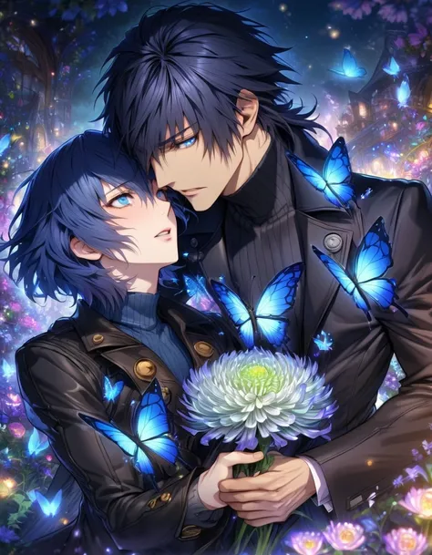 absurdres, highres, ultra detailed, HDR, masterpiece, extremely detailed, detailed eyes, Yuki Makoto, dark blue hair, expressive blue eyes, Persona 3, Aragaki Shinjirou, brown medium hair, expressive brown eyes, two sexy men together, yaoi, gay couple, in ...