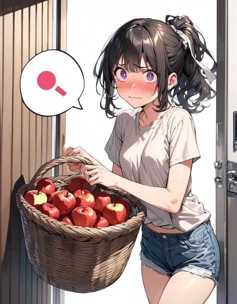 (masterpiece)、(absurdres)、(ultra detailed)、(8k),Anatomically correct,anime illustration,(solo lady,shiny black hair,shiny purple eyes,short highponytail,(1white ribbon;1.1),(small breast:0.9),(A shirt with an apple on it:1.1),(The body line is not clearly ...