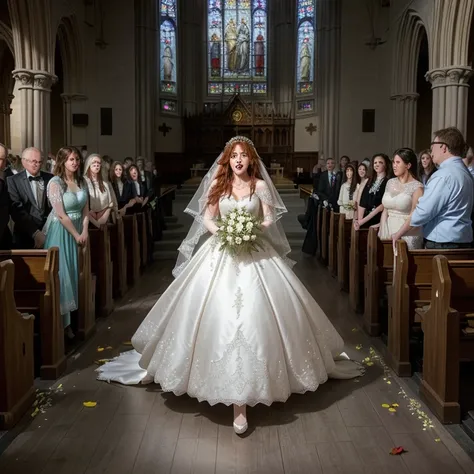 "An anime scene showing a runaway bride, running desperately out of a church. she is young, with long flowing auburn hair, wearing an elegant white wedding dress, which contrasts with the panicked expression on his face. The dress, decorated with lace and ...