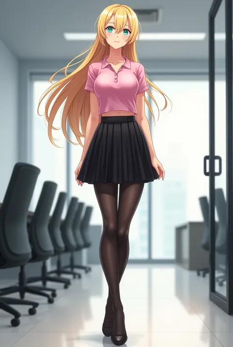 beautiful very fit anime woman, very long blonde hair, pink short sleeve unbuttoned polo shirt, black accordion skirt, high heels, opaque black tights, standing in the office