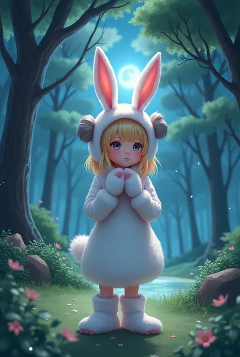 blonde girl, with bunny cosplay, in a park, at midnight