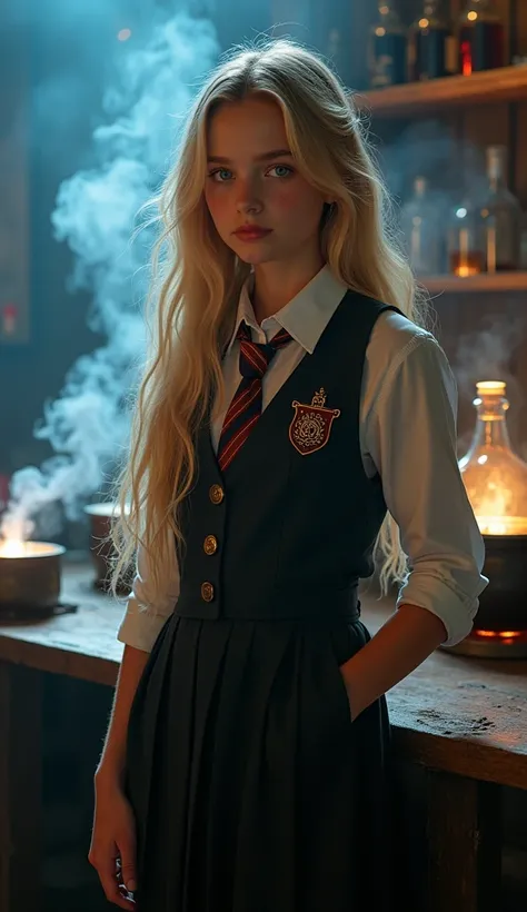 1 girl, blonde hair, school uniform skirt and tie, posing for a photo, realistic schoolgirl, hyper-realistic schoolgirl, magic school uniform, directors uniform, potion lab setting, Hogwarts style, Gwen Stacy, cosplay, sexy woman, (best quality,4k,8k,highr...