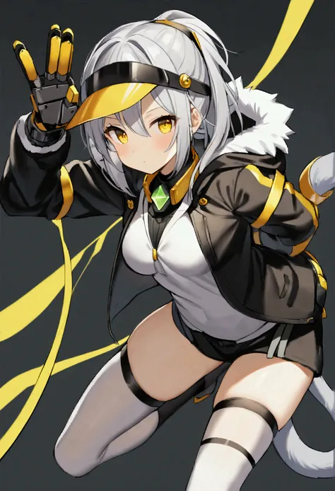 2d、Score 9、Score 8 up、Score 7 up、break、1 person、solo、svv、Grey Hair、Yellow Eyes、robot、visor、tail、Black jacket、Fur trim、Thigh-high socks