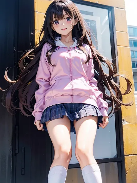 Girl, cute, adorable, full body, full breasts, smiling, straight hair, long hair, black hair, standing, (from below:1.5), (outerwear is light pink hoodie in soft cotton fabric, long sleeves), (zip-up:1.2),
(inner wear is a white collared-shirt), (school un...