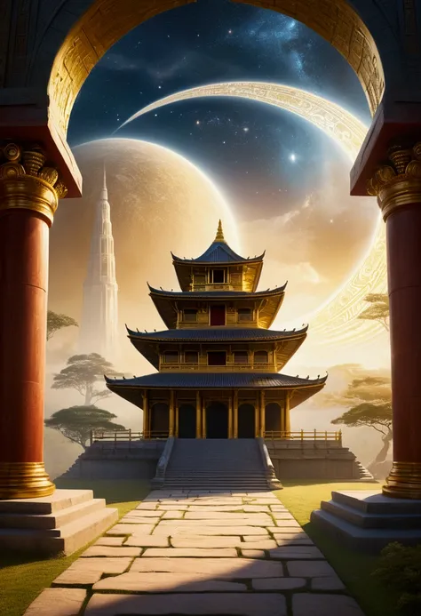 "A mystical ancient temple shrouded in ethereal light, surrounded by swirling cosmic energies. The atmosphere is one of awe and reverence, with celestial beings subtly visible in the background, as the temple gates slowly open, revealing the path to divine...