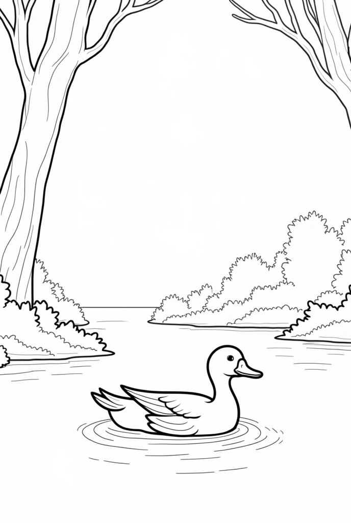 Black and white coloring book page of a duck in the water at a forest lake