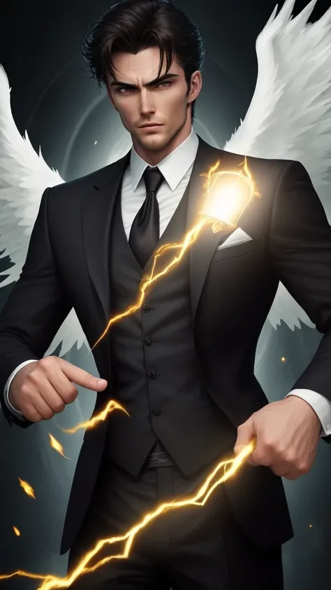 Handsome devil in dark suit fighting against angel of light
