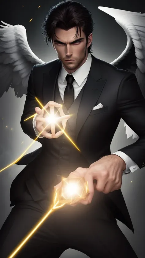 Handsome devil in dark suit fighting against angel of light
