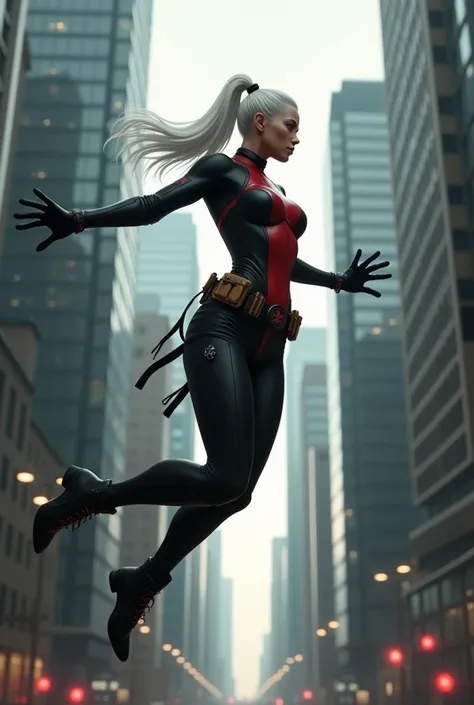 (((A beautiful woman with white hair tied back in a ponytail Wearing a black suit Lady Deadpool jumping between skyscrapers black boots and black gloves (((Lady Deadpool Traje negro)))