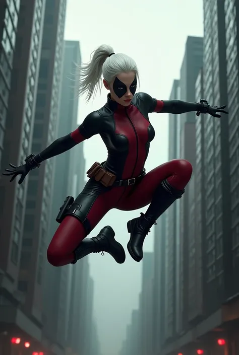 (((A beautiful woman with white hair tied back in a ponytail Wearing a black suit Lady Deadpool jumping between skyscrapers black boots and black gloves (((Lady Deadpool Traje negro)))