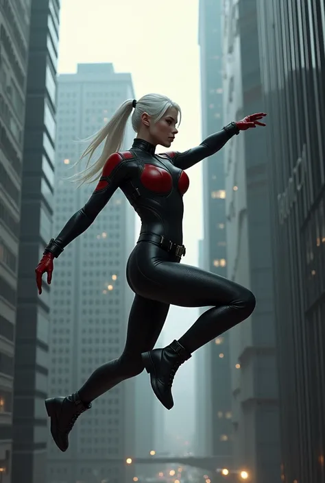 (((A beautiful woman with white hair tied back in a ponytail Wearing a black suit Lady Deadpool jumping between skyscrapers black boots and black gloves (((Lady Deadpool Traje negro)))