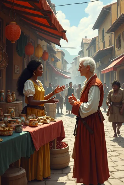 A black woman selling and talking to an albino man, in a stall with goods in an old 18th century setting. 
