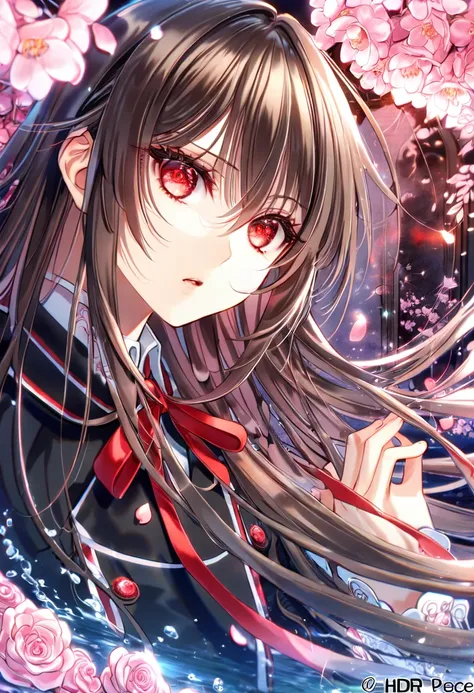 absurdres, highres, ultra detailed, HDR, master piece, Kuran Yuuki, dark brown hair, long hair, expressive red eyes, black uniform with trimming, red ribbon, Vampire Knight, woman, extremely beautiful, best quality, pink blossoms, pink petals, pink roses, ...