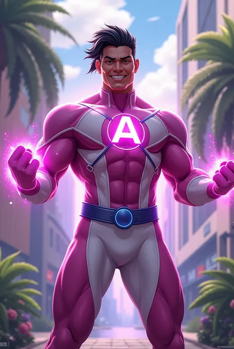 Gay Superhero, pink and white look with lilac details , A on the chest, Grinning,rays of light coming out of the hands, atom symbol.
Your hair is black, latin man, Florida kimono