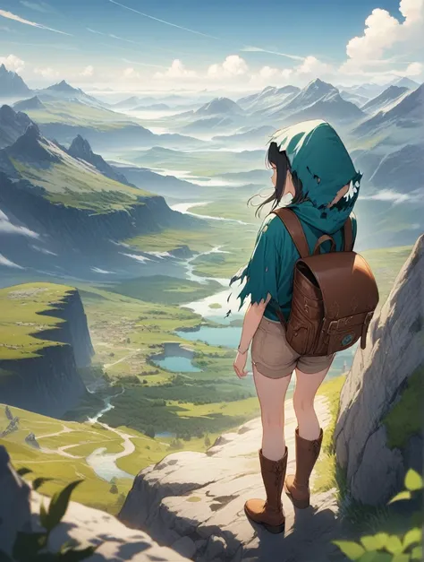 score_9, score_8_up, score_7_up, score_anime, masterpiece, top quality, delicate illustration, sharp lines, sharp focus, BREAK, a traveling girl, the girl wears a hood and has a lot of stuff in her backpack, fantastic landscape, beautiful scenery, harmony ...