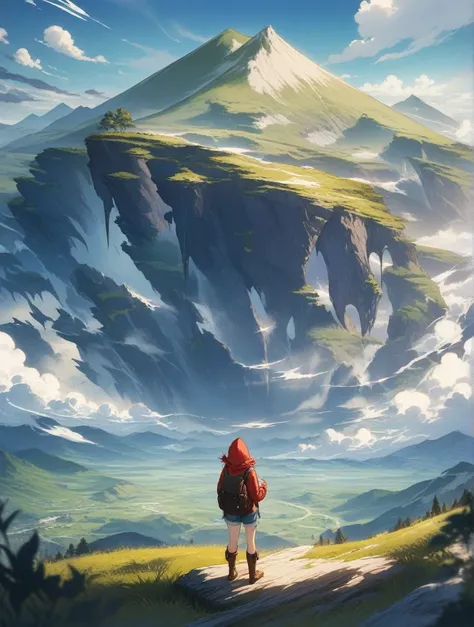 score_9, score_8_up, score_7_up, score_anime, masterpiece, top quality, delicate illustration, sharp lines, sharp focus, BREAK, a traveling girl, the girl wears a hood and has a lot of stuff in her backpack, fantastic landscape, beautiful scenery, harmony ...