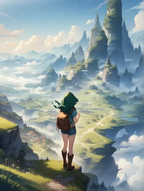 score_9, score_8_up, score_7_up, score_anime, masterpiece, top quality, delicate illustration, sharp lines, sharp focus, BREAK, a traveling girl, the girl wears a hood and has a lot of stuff in her backpack, fantastic landscape, beautiful scenery, harmony ...