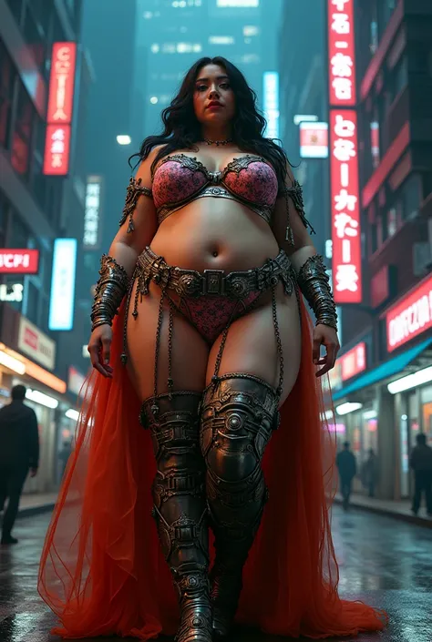 araffe woman in a costume posing in a street at night, japanese goddess, oppai, thicc, oppai proportions, giant stunning goddess shot, mighty plump female sorceress, hyperrealistic full figure, she is dressed as a belly dancer, voluptuous body, oppai cyber...