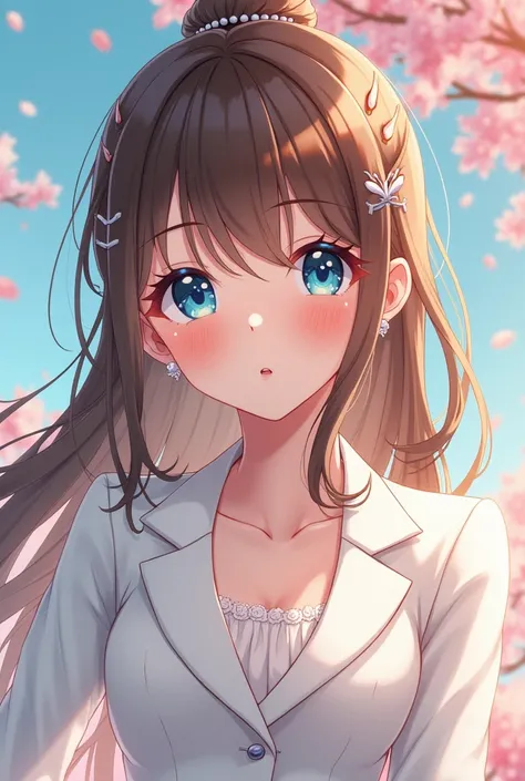 Miraculous ladybug style, anime girl, brown and long hair, half up ponytail, blue eyes, gorgeous, shy, energetic, pearl earings, perals, white suit, swan accessories