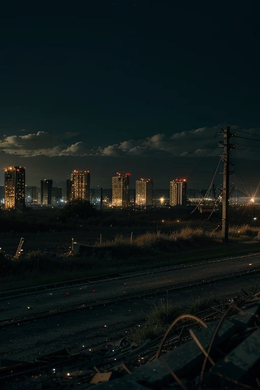 Destroyed city ruins, Barbed wire at night 