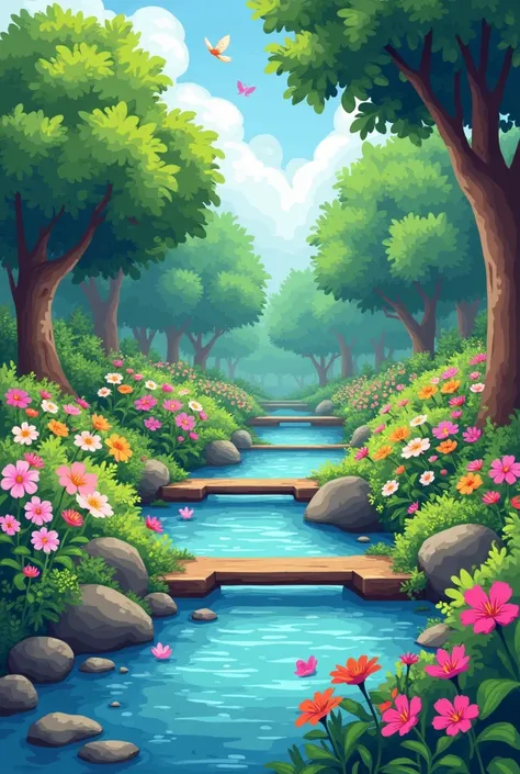 Pixelart generates a beautiful and tranquil image of a garden, There are colorful flowers, gentle stream, And the sounds of nature. Show tranquility, Life, and the beauty of a perfect day.