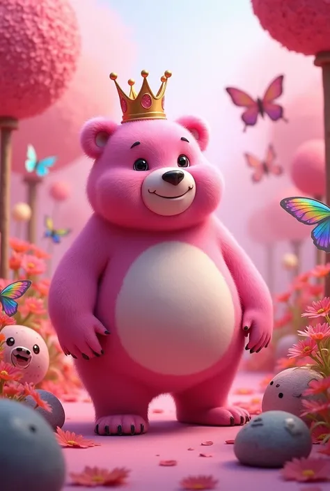 Chubby fuchsia bear with crown standing in a pink garden everything is pink with rainbow butterflies and stones with bear faces
