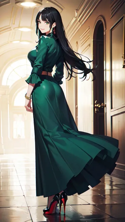 ((masterpiece, high resolution, better quality, better details)), ((Smiling)), ((one girl)) a girl standing, full body, maxi green skirt, blouse,((louboutin high heels)), green eyes , ((black hair, long hair)), shiny skin, ((from behind)), solo, full body,...