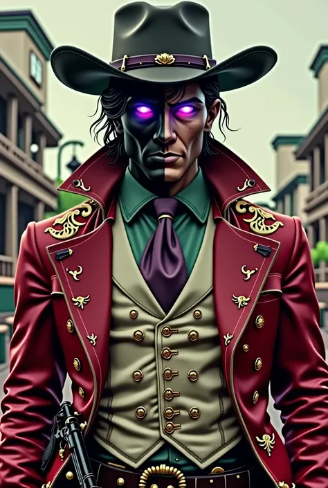 Half black face western man with no beard, black hair red coat with gold details with high collar light green shirt,  detailed white vest, purple tie with realistic glowing purple eyes, black revolver holster and a cutlass on the waist