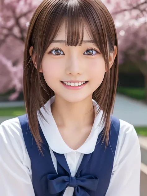 a young beautiful Japanese girl with short platinum brown hair,large clear eyes,droppy eyes,a balanced gaze,and a sweet smile,wearing a detailed school uniform,highly detailed and realistic, 8K,ultra-detailed,photorealistic,masterpiece,Highres fix,(Sexual ...