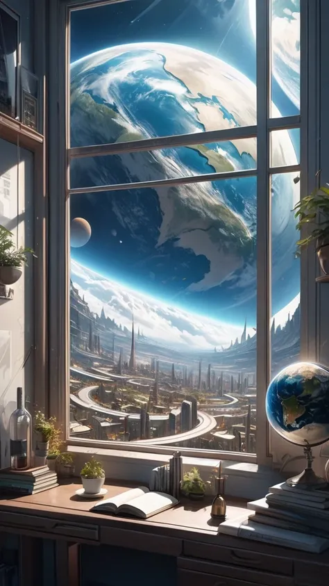 Surreal scene, Lunar City, Future life, Aesthetic Earth seen from a window, Ultra-realism