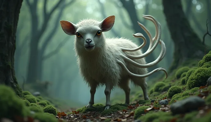 There is a wild beast in the strange forest，It looks like a sheep but has no eyes but four ears.，Its eyes are on its back.，There are nine very long tails（best quality，4K，8k，High level，masterpiece：1.2），Ultra Detailed，（lifelike，Photo real，Photo real：1.37）