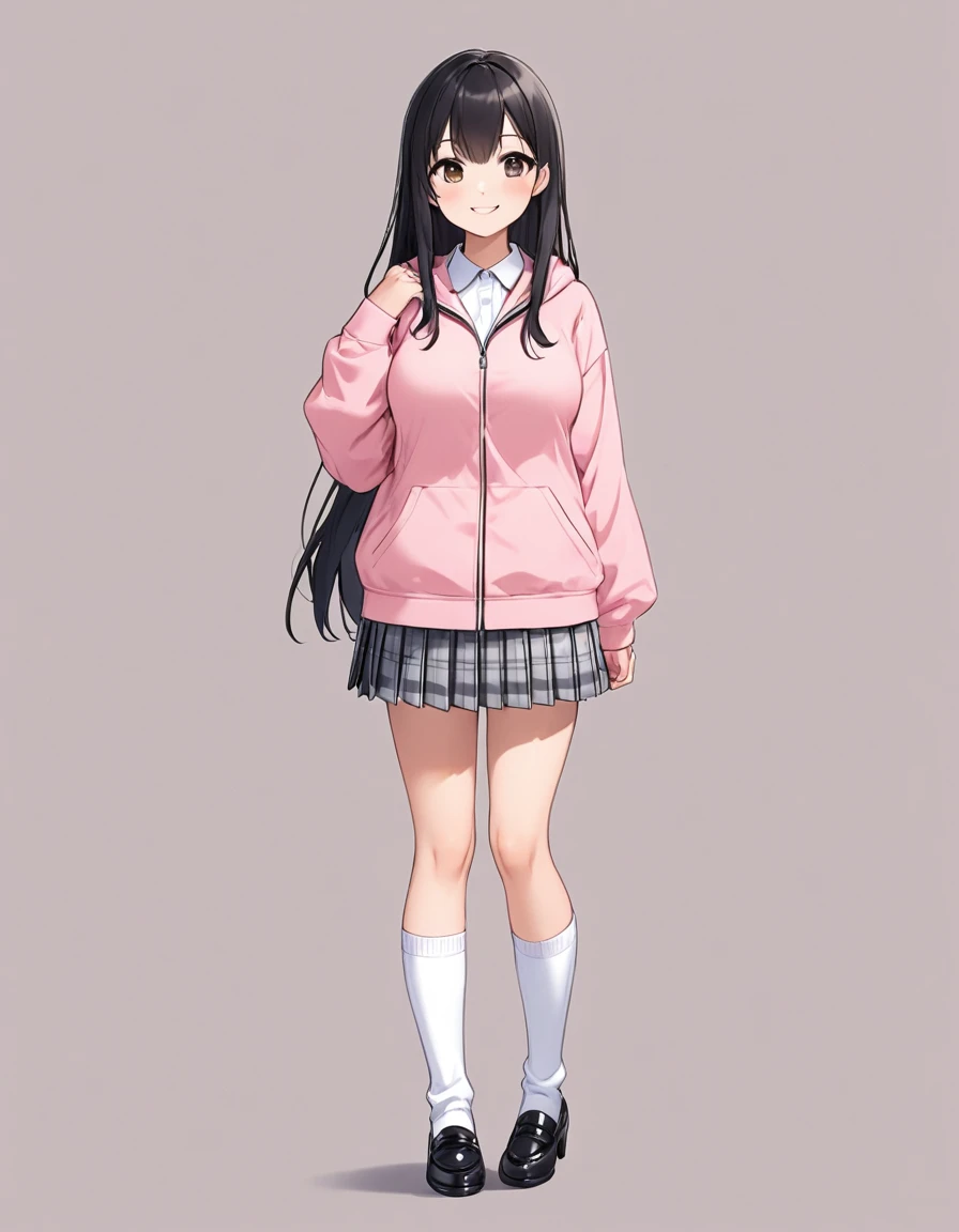 Girl, cute, adorable, full body, full breasts, smiling, straight hair, long hair, black hair, standing, (outerwear is light pink hoodie in soft cotton fabric, long sleeves), (zip-up:1.2),
(inner wear is a white collared-shirt), (school uniform, white shirt...