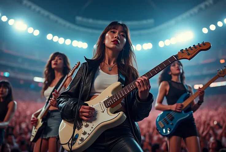 1 female Japanese rock band, close up portraits of 5 band members, vocalist with beautiful detailed eyes, lips and face, electric guitarist, bassist, drummer, keyboardist, packed stadium, grand success, detailed dramatic lighting, dynamic pose, high energy...