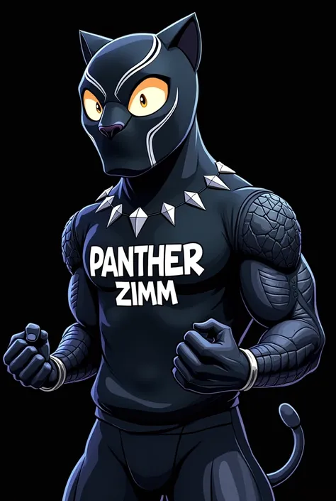 make a cartoon black panther with a sweatshirt written on it pantherzimm on a black background gesturing with his hands