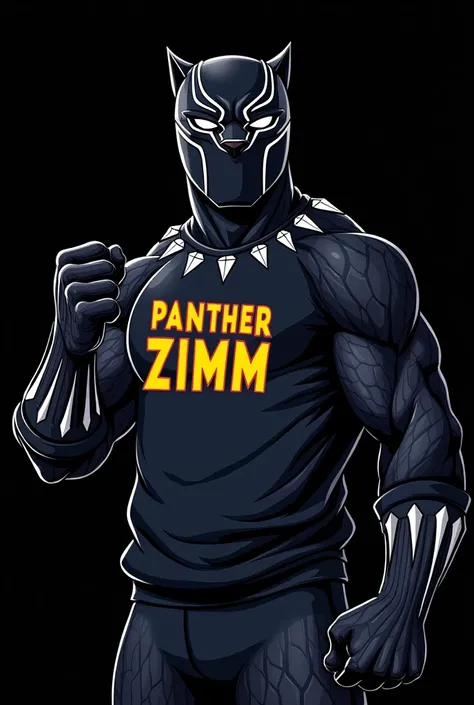 make a cartoon black panther with a sweatshirt written on it pantherzimm on a black background gesturing with his hands