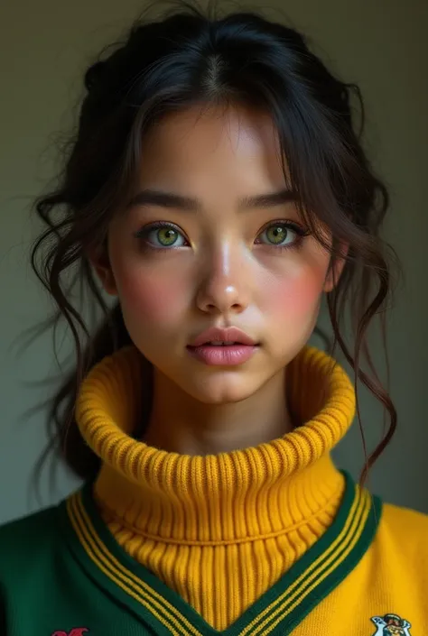 A young woman with olive skin, is wearing Hufflepuff themed clothing, her eyes are green and she has pink lips