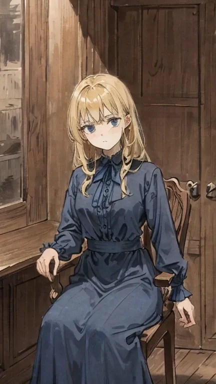 Sit on a chair、be scared、Serious expression、dark、Blonde young woman、Tired look、Old-fashioned clothing、Blue dress、19th century、British women