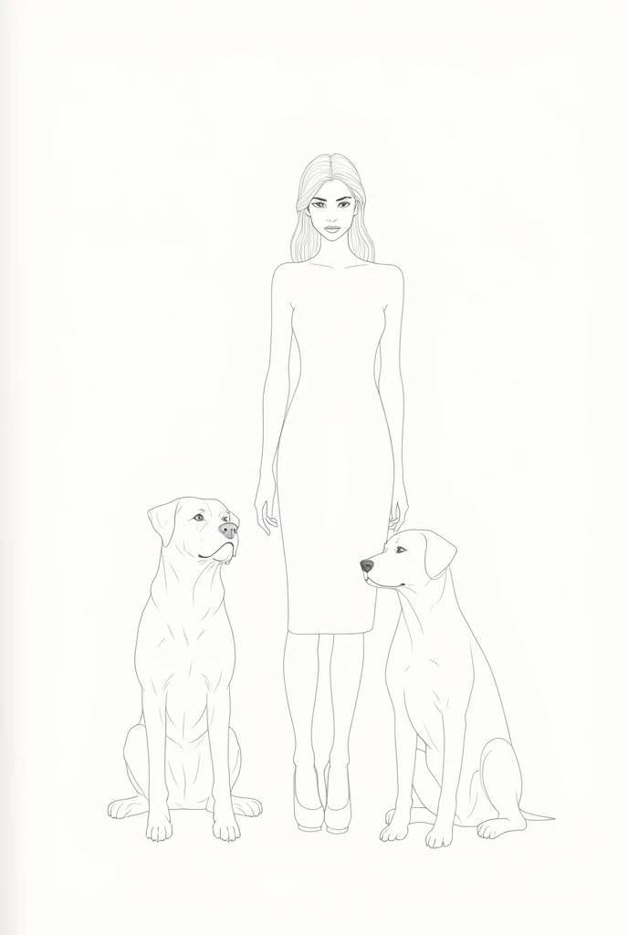 Minimalist single line drawing of a woman with two dogs on either side. One of these dogs is a Bernese Mountain Dog and the other is a Labrador.