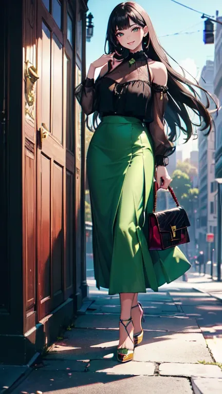 ((masterpiece, high resolution, better quality, better details)), ((Smiling)), ((one girl)) a girl standing, full body, maxi green skirt, blouse,((louboutin high heels)), green eyes , ((black hair, long hair)), shiny skin, ((behind view)), solo, full body,...