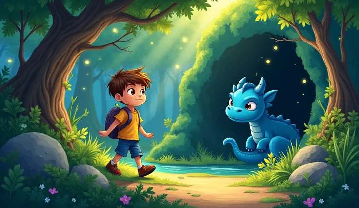 A young boy named Sammy exploring a forest and discovering a hidden cave with a sad, curled up magical blue dragon inside. Make the image kid friendly.