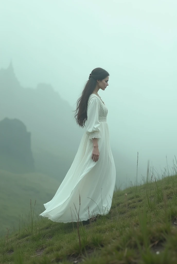 A  woman in a white dress walking on a grassy hill with fog, wearing a white folkdrakt dress, girl walking on the mountain, mysterious wastelands behind her, nico wearing a white dress, a beautiful woman dressed in white, wearing a flowing white dress, flo...