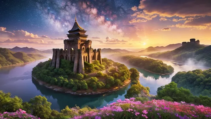 Generate stunning images of World Heritage sites。Magnificent ruins and historical buildings stand majestically、The backdrop is a breathtaking natural landscape.。for example、Ancient temples and castles float in the mystical mist.、Surrounded by colorful flow...