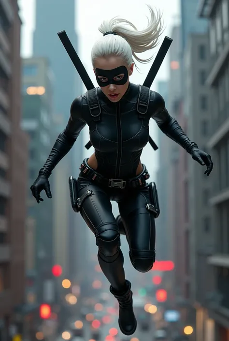 (((A beautiful woman with white hair tied in a ponytail))),(((Wearing an all black suit))),(((lady deadpool))),(((Jumping between skyscrapers))),(((black boots))),(((black gloves))),(((lady deadpool Traje totalmente negro)))