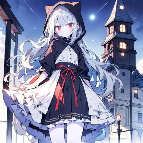 ((style:Colored pencil,pale colour))、Very detailed、(anime)、(masterpiece:1.2),Atmospheric perspective,Lens flare、Medieval European streets、Assassin girl standing on the roof of a building、Wearing a hood、cute、Red eyes、Your eyes shine in the moonlight、Assassi...