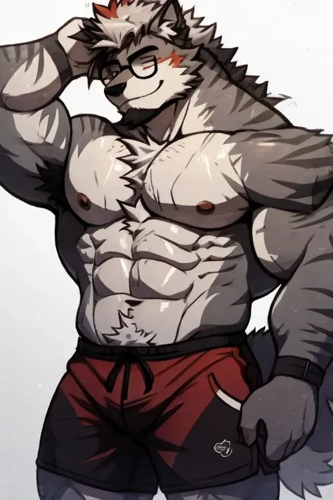 A Very Muscular Furry Gray Wolf. He is Topless with a red and gray shorts. His both hand is Together behind his head. The background is just Gray. He have a little messy and little spikey hair. He is looking at the viewer. He is smiling and both of his eye...