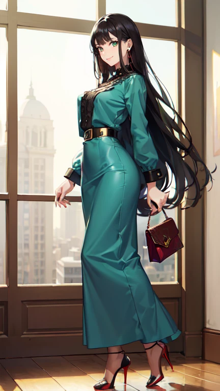 ((masterpiece, high resolution, better quality, better details)), ((Smiling)), ((one girl)) a girl standing, full body, maxi green skirt, blouse,((louboutin high heels)), green eyes , ((black hair, long hair)), shiny skin, ((side view)), solo, full body, f...