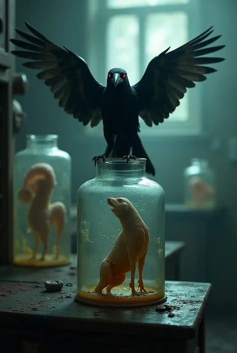 (photorealism:1.2), Abandoned veterinarian with degenerated dog fetuses in dirty glass containers, opaque glass,fetuses in glass containers filled with liquid, A crow with a blank stare and a photorealistic crow on top of one of the containers with its win...