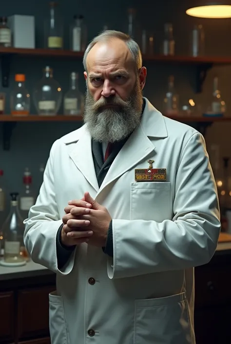 Russian man with beard and scientist&#39;s coat 