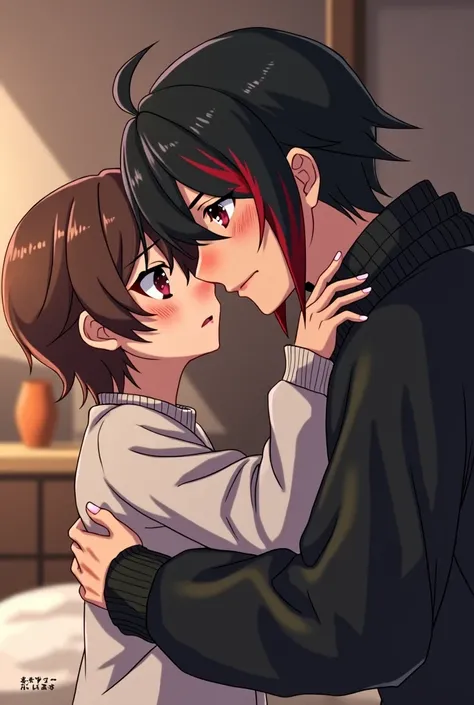 Anime boy with a big black and white sweater and wide shoulder length black hair and a red streak and red eyes kissing a brown haired and brown eyed boy who is blushing and nervous while in the background a nightstand 