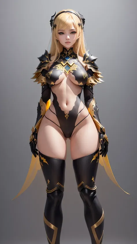 Arabian woman in black and yellow clothes taking a photo, whole body shot hyperdetailed, Black armor with yellow accents, whole body!, whole body detailed, extra Detailed body, Detailed body, whole body render, highly detailed whole body, 2b, 2b ..., whole...